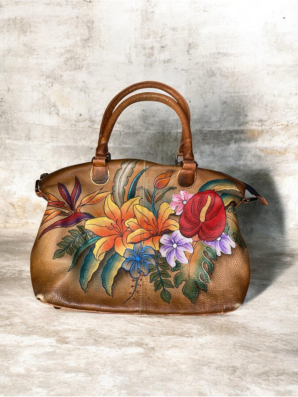 Anushka Genuine Leather Hand Painted Floral Medium Handbag